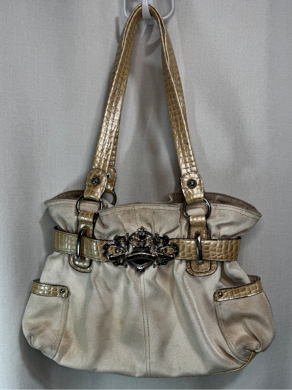 Kathy Van Zeeland Metallic Gold Cream Shoulder Tote Croc Accents Y2K Retro